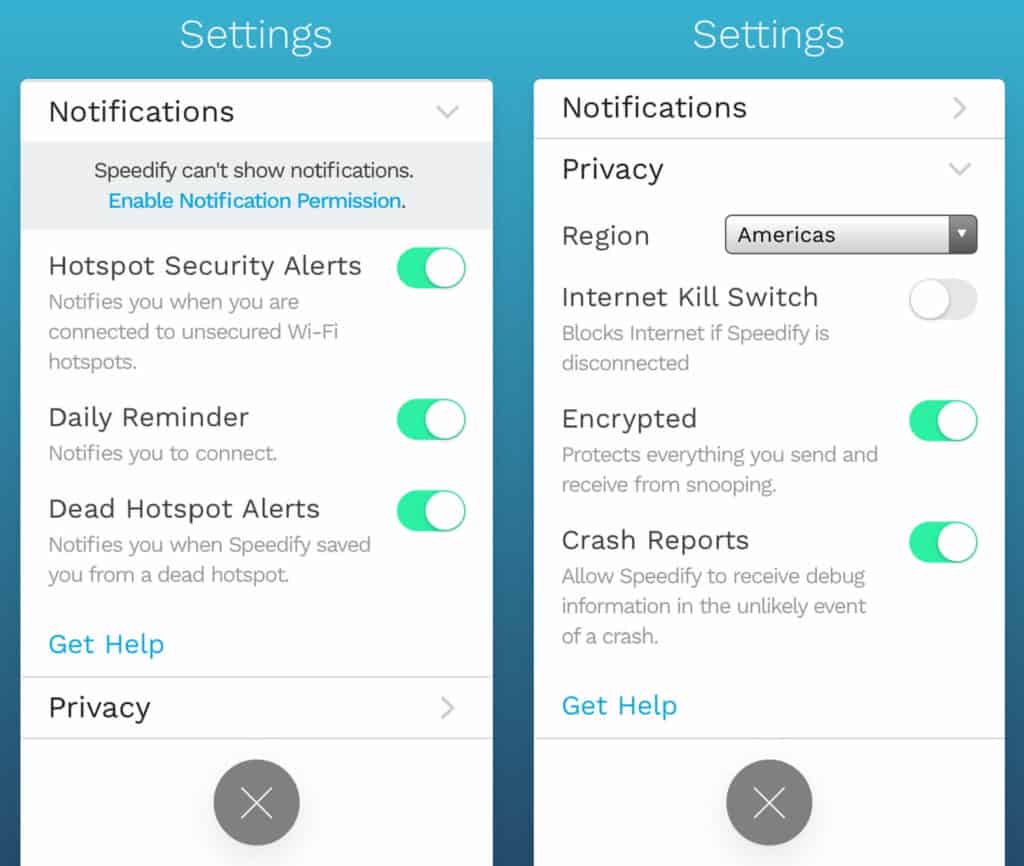 Speedify mobile app Notifications screens.