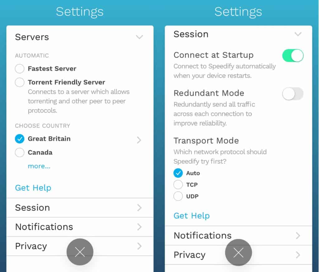 Speedify mobile Servers and Session screens.