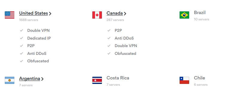 NordVPN VPN server locations.