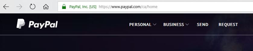 The PayPal wesbite marked with a padlock symbol and HTTPS.