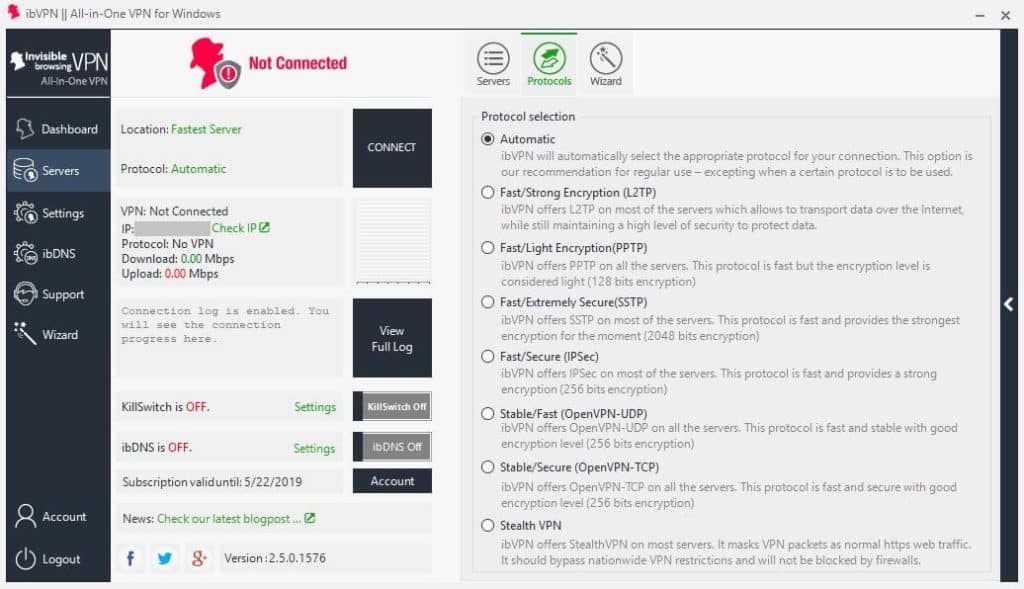 ibVPN protocols screen.