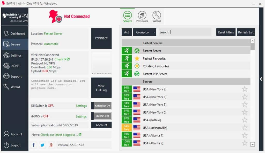 ibVPN Servers screen.