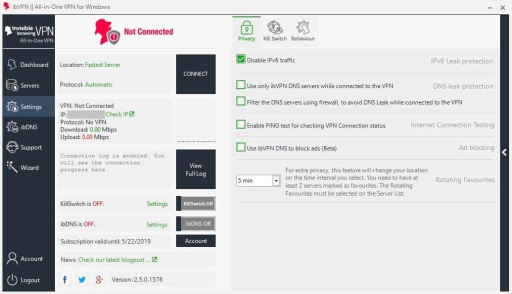 ibVPN Privacy screen.