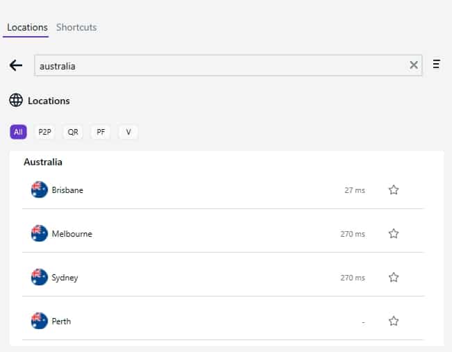 PureVPN's servers in Australia.