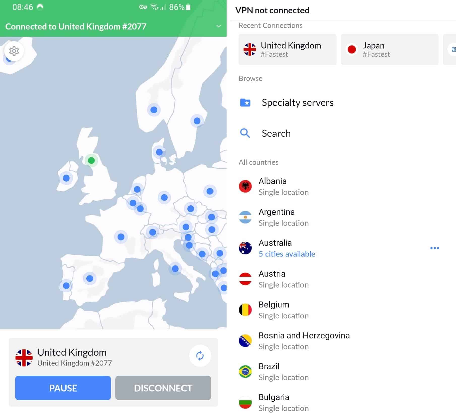 Captura de pantalla de la aplicación móvil de NordVPN