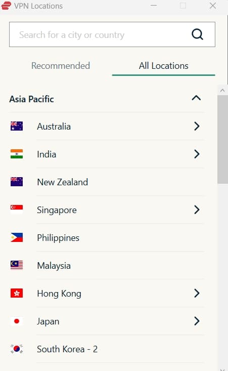 ExpressVPN server list.