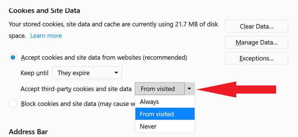 Firefox accepting cookies sites visited