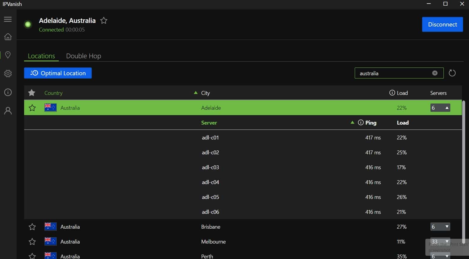 IPVanish servers in Australia.