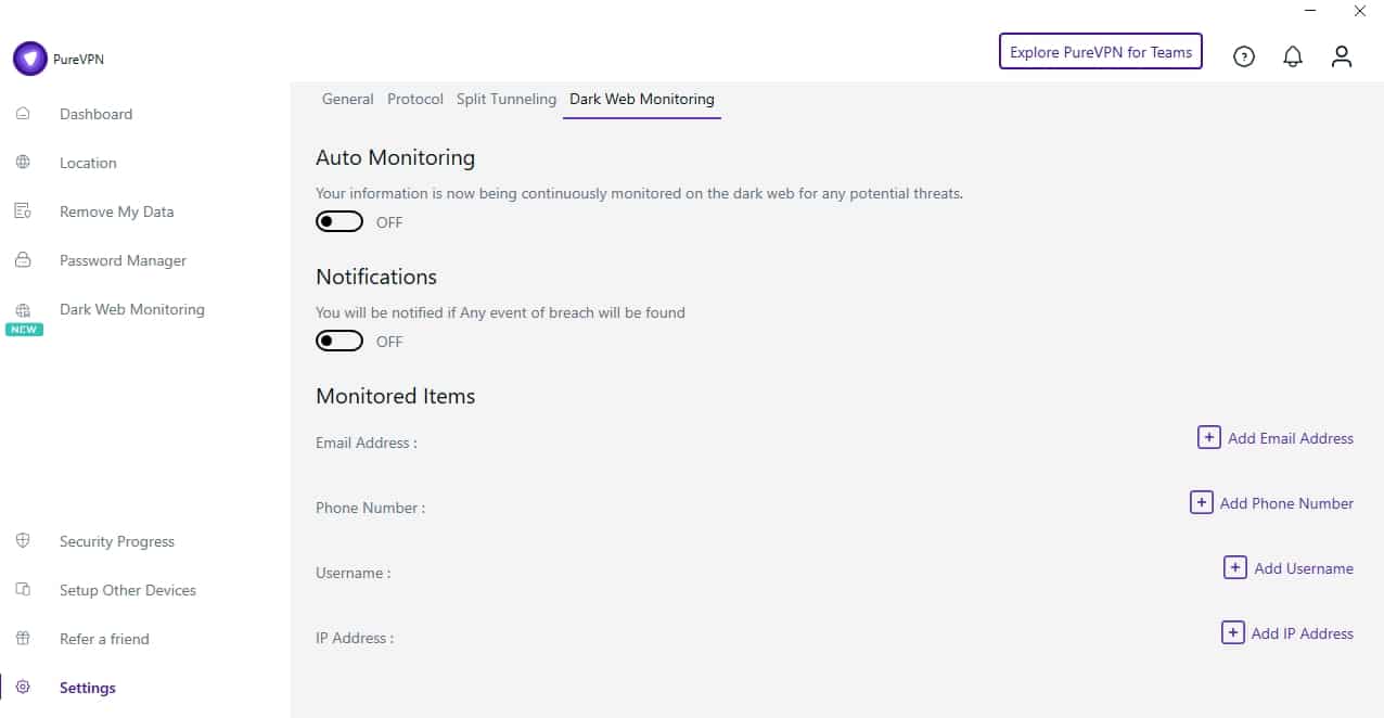 PureVPN's Dar Web Monitoring feature.