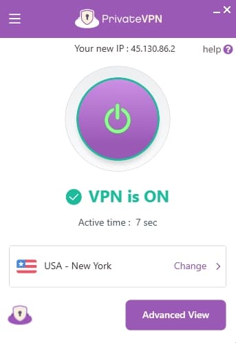 PrivateVPN's Simple View.