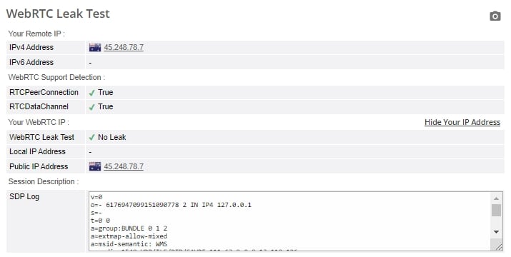 WebRTC leak test.
