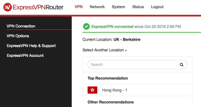 The ExpressVPN firmware interface.