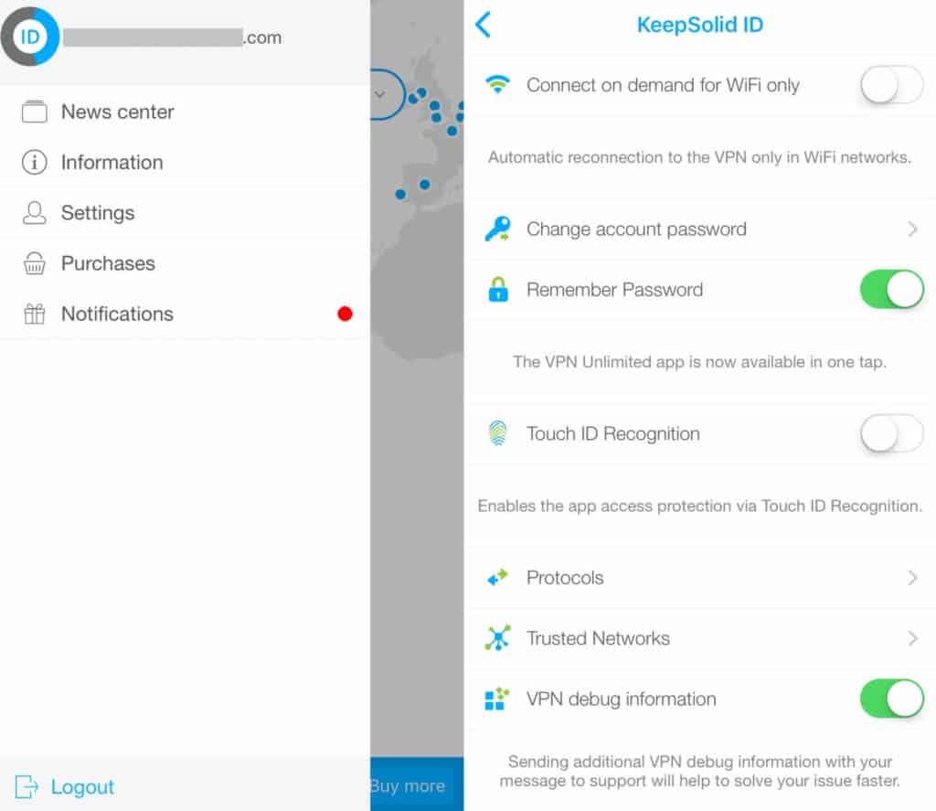 VPN Unlimited mobile settings.