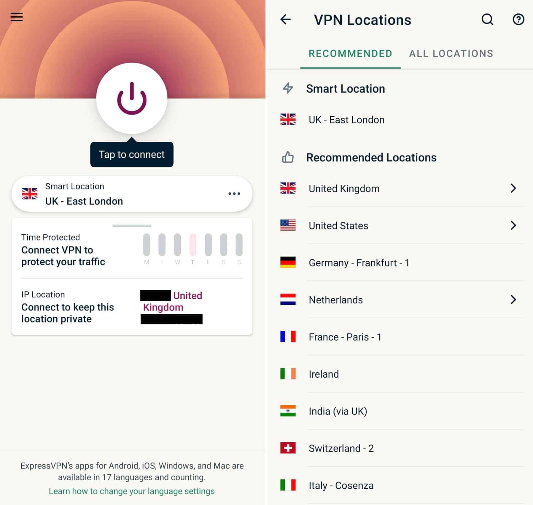 Android-App-Bildschirm von ExpressVPN
