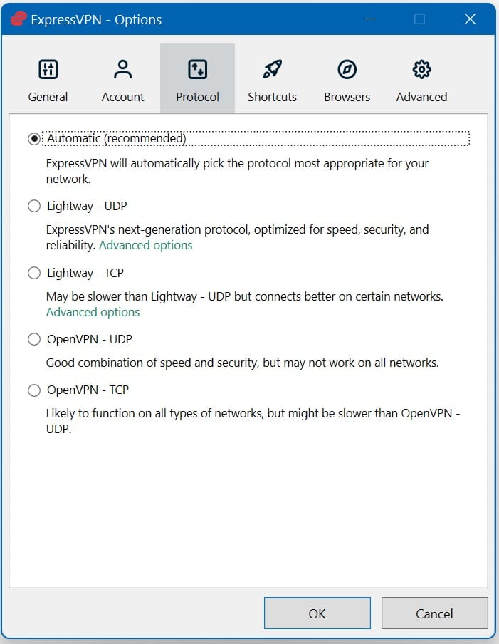 Protokoll-Auswahl von ExpressVPN