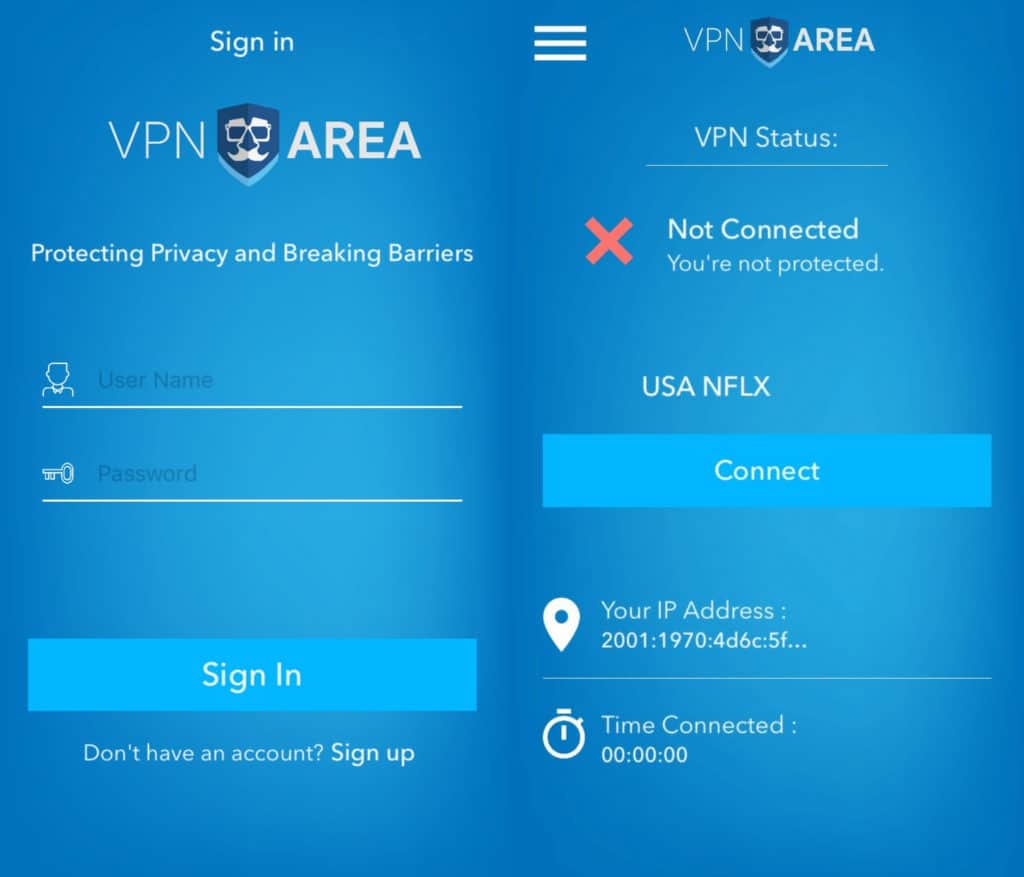 VPNArea mobile login screens.