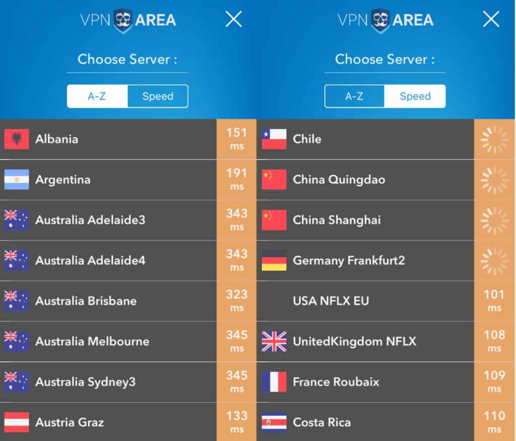 VPNArea mobile server screens.