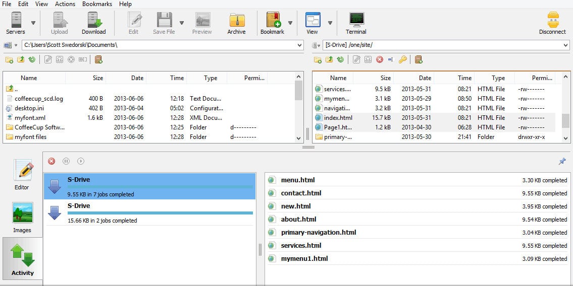 CoffeeCup shows the local and remote file spaces