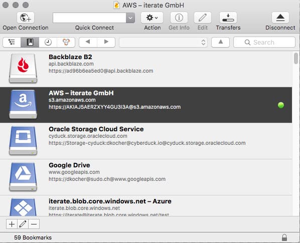 The CyberDuck client provides shortcuts to cloud storage services