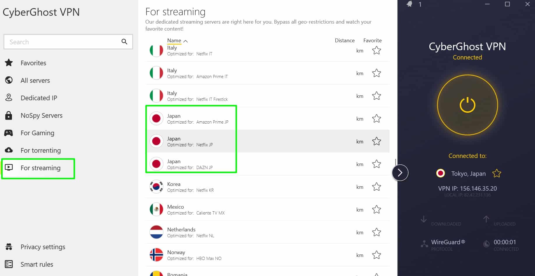 Screenshot showing cyberghost's japanese streaming servers