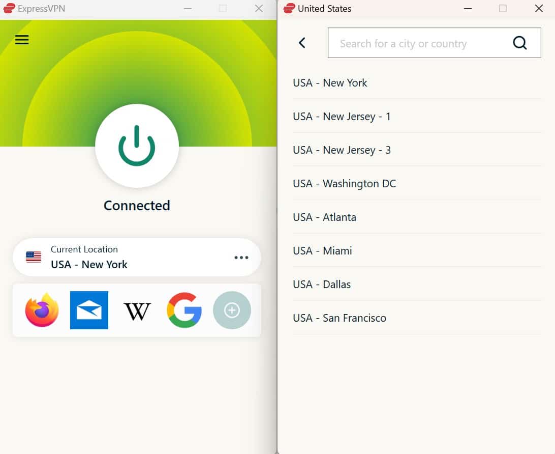 Screenshot showing ExpressVPN's US server locations