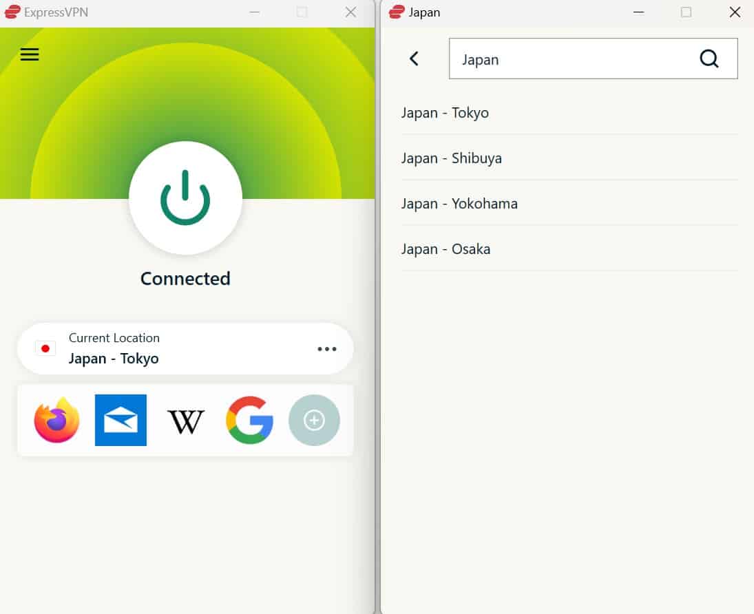 Screenshot showing Expressvpn's japanese servers