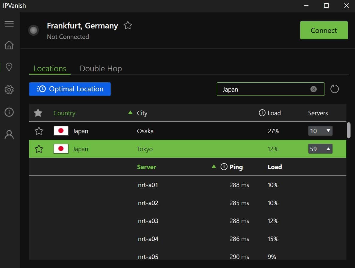 Screenshot of IPVanish's japanese servers