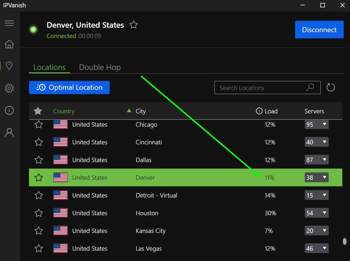 Screenshot showing IPVanish's US servers and current load