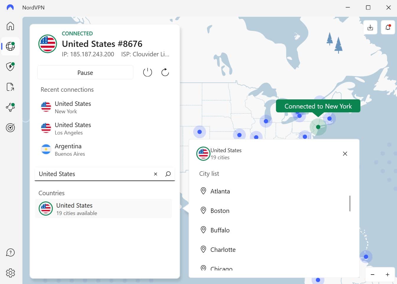 Screenshot showing some of NordVPN's US server locations