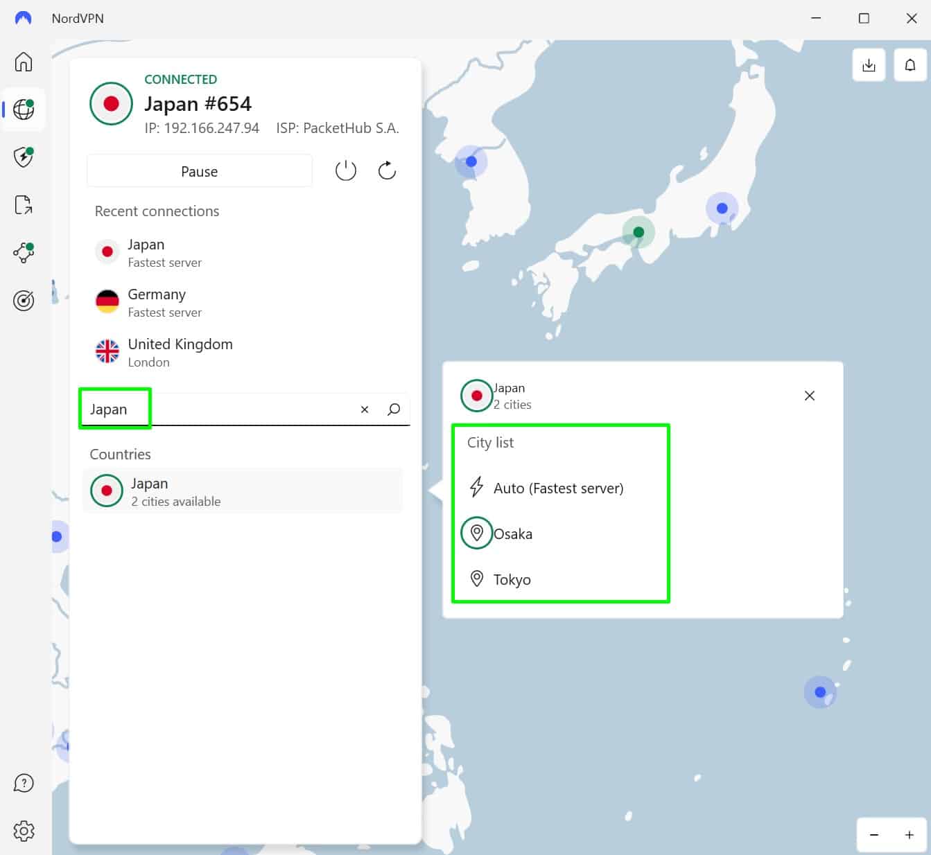 Screenshot showing NordVPN's Japanese server locations