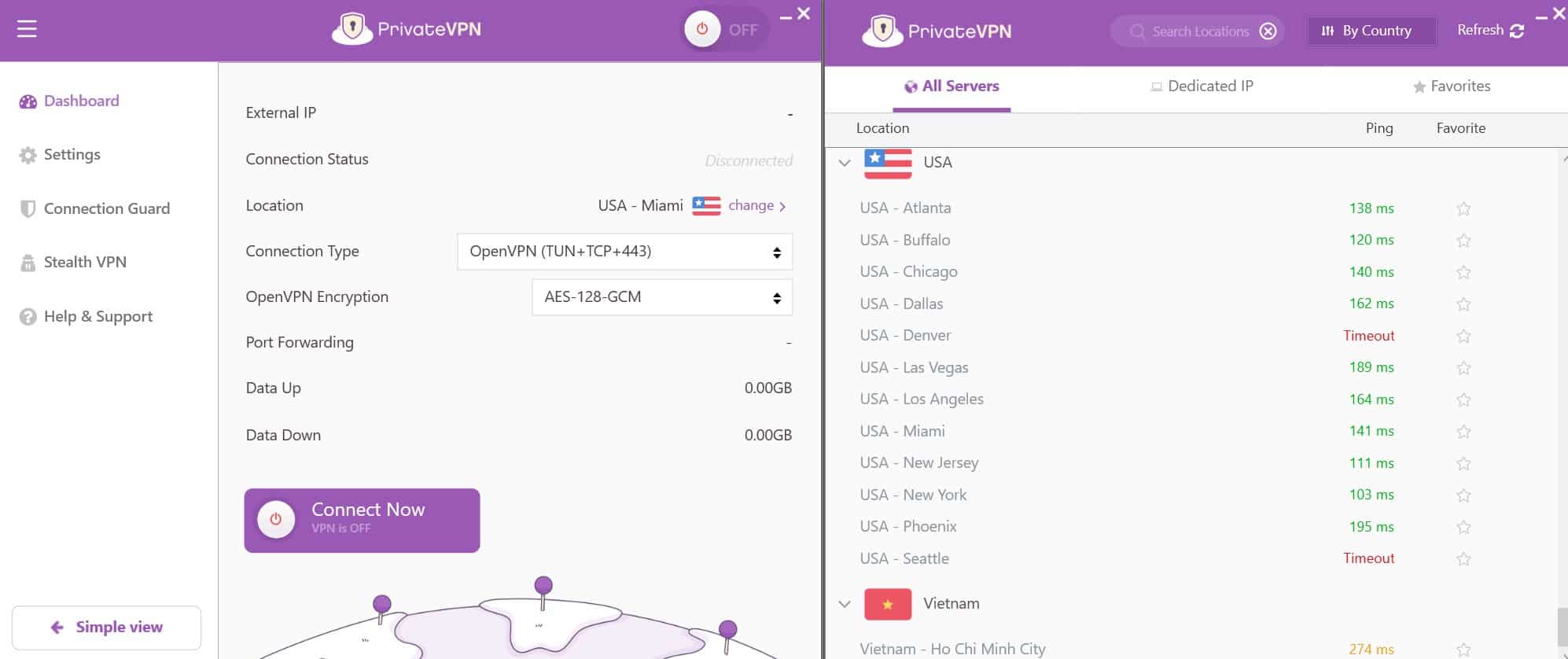 Screenshot showing PrivateVPN's US server locations