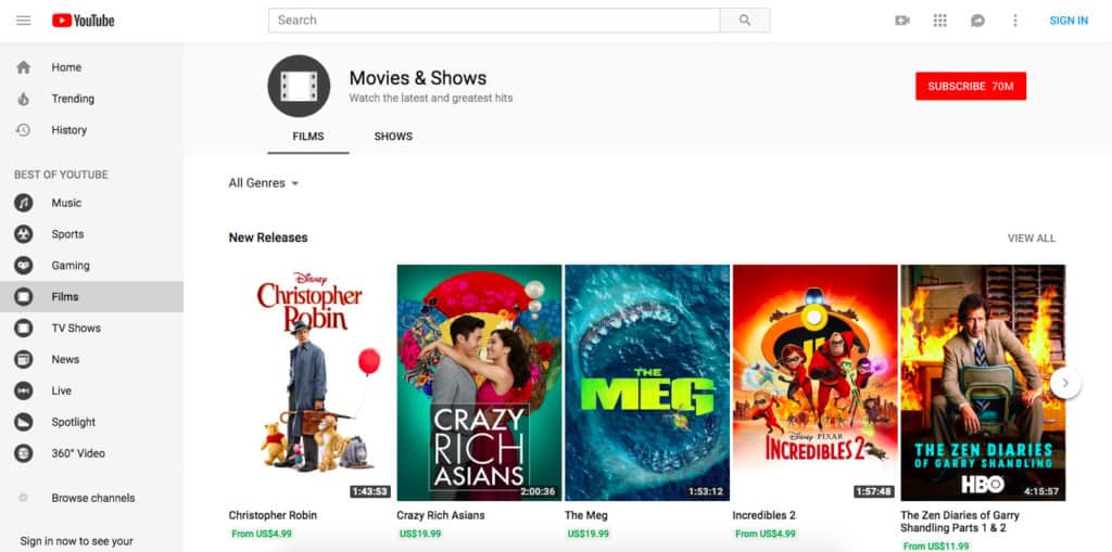 YouTube movies screenshot