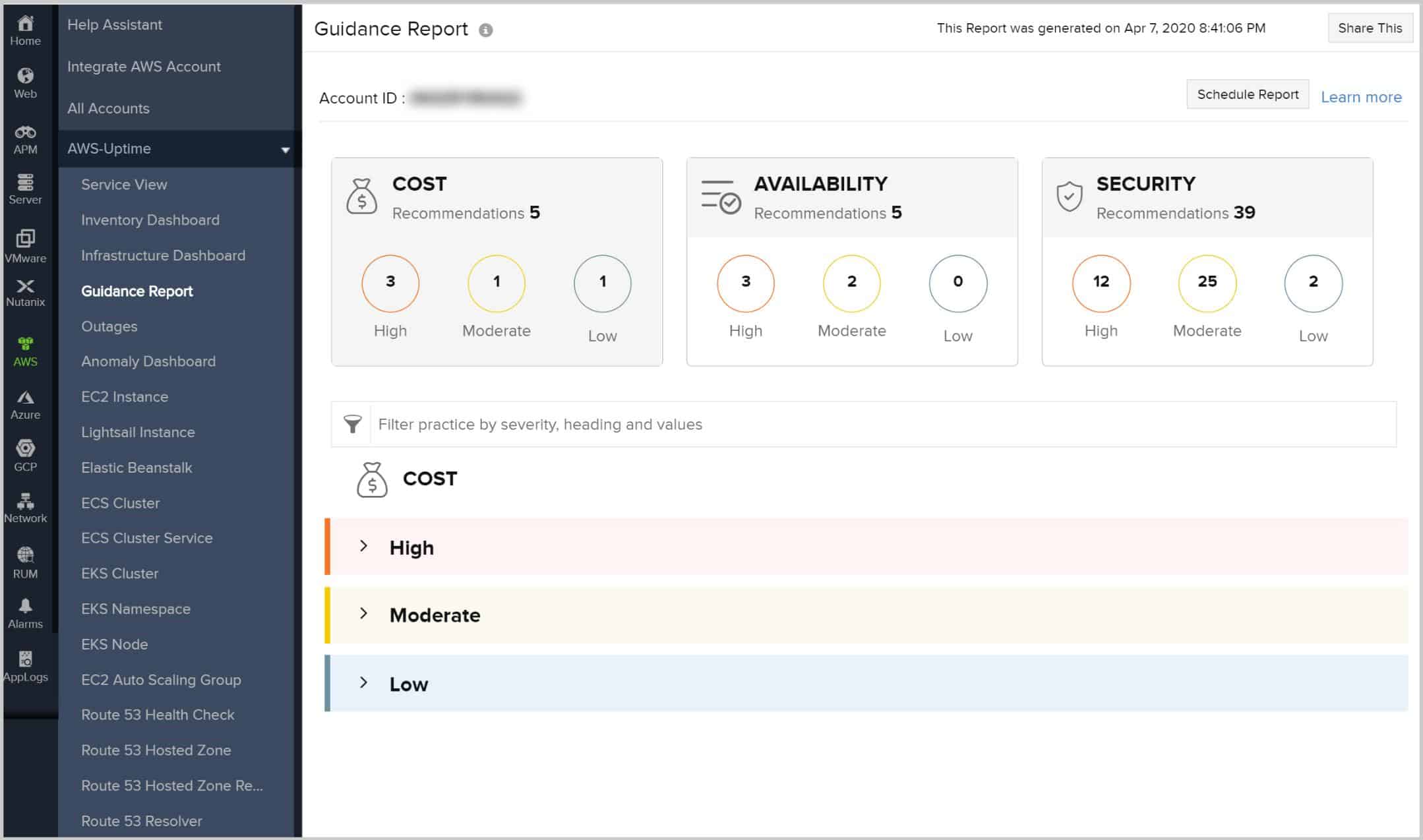 Site24x7 dashboard showing a guidance report