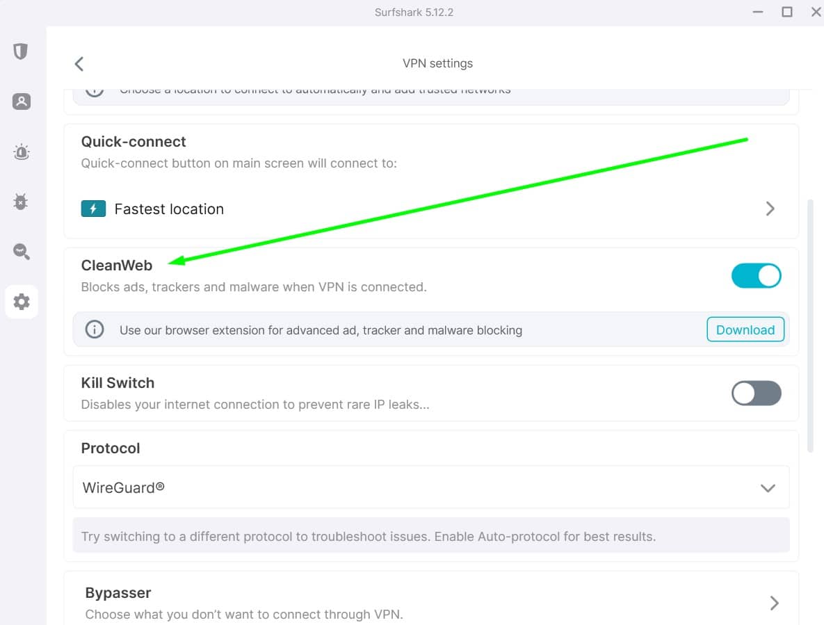 Screenshot showing Surfshark's Cleanweb feature