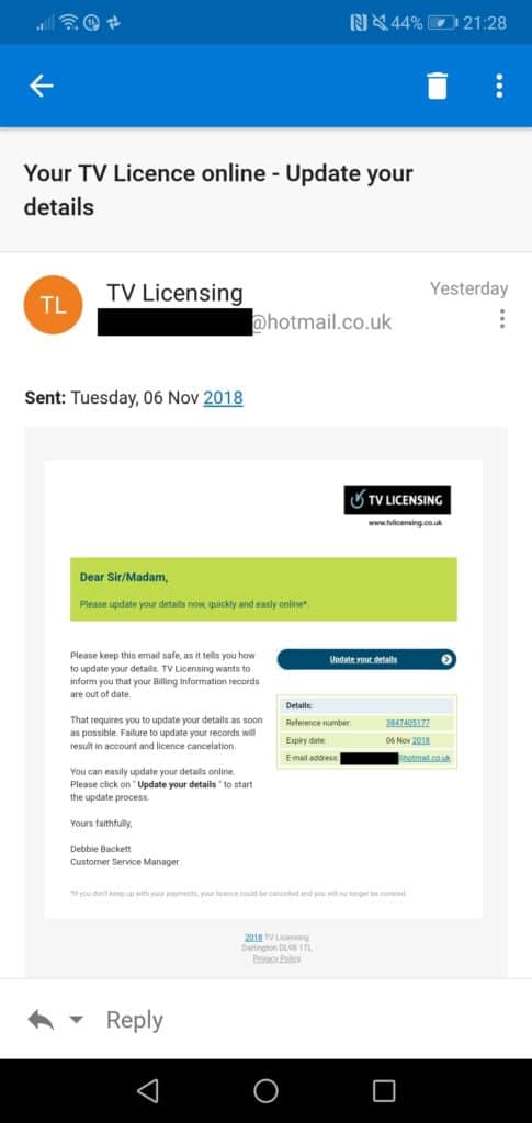 TV Licensing phishing email