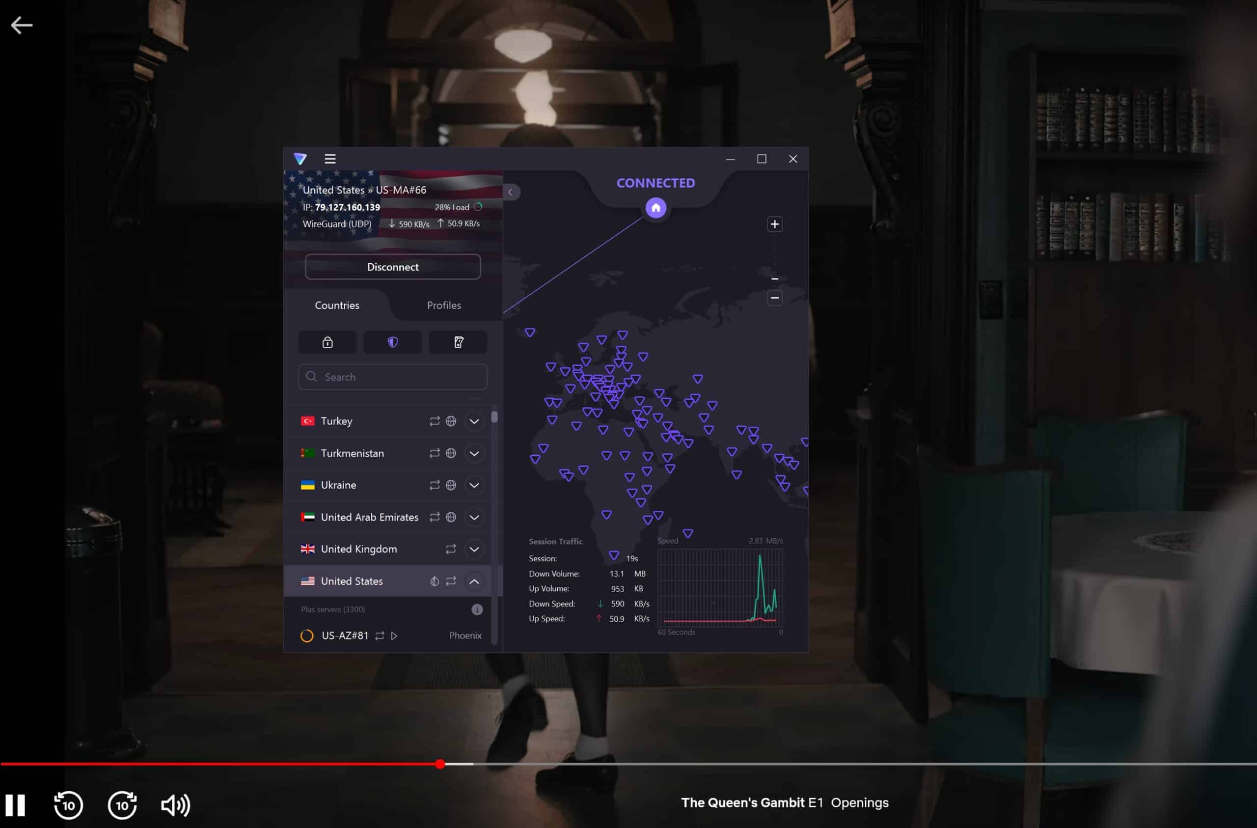 Screenshot of content playing on Netflix while ProtonVPN is active