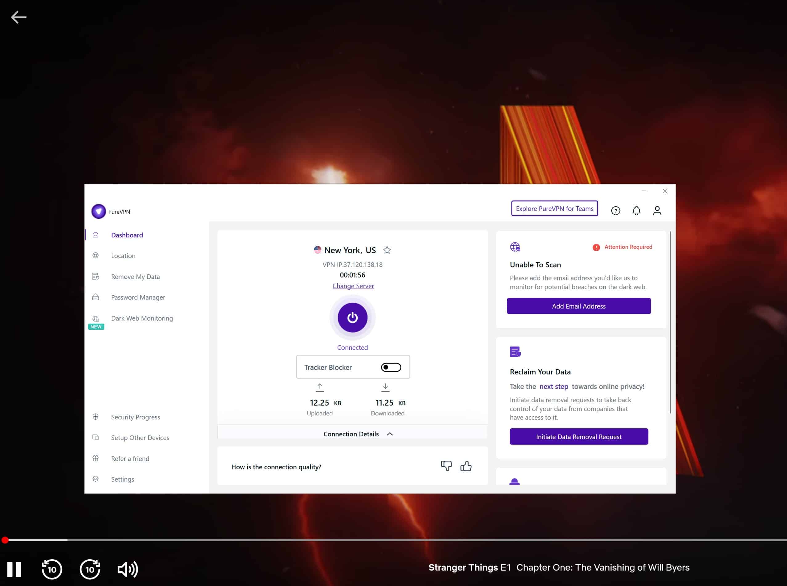 Screenshot of Netflix content playing while PureVPN is active
