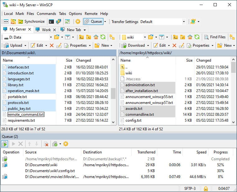 The client shows local and remote file spaces