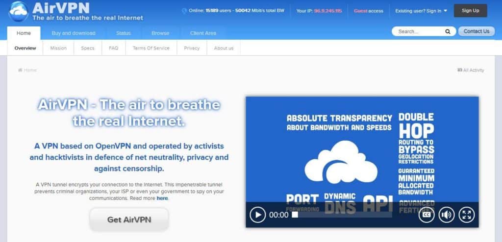AirVPN homepage.