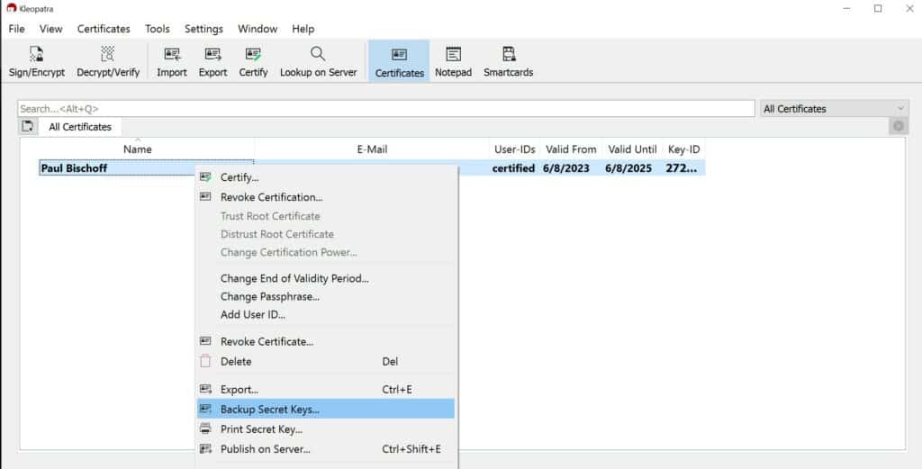 kleopatra backup secret keys