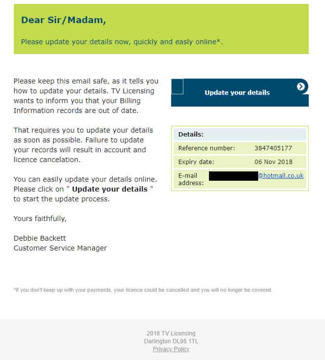 tv license scam email