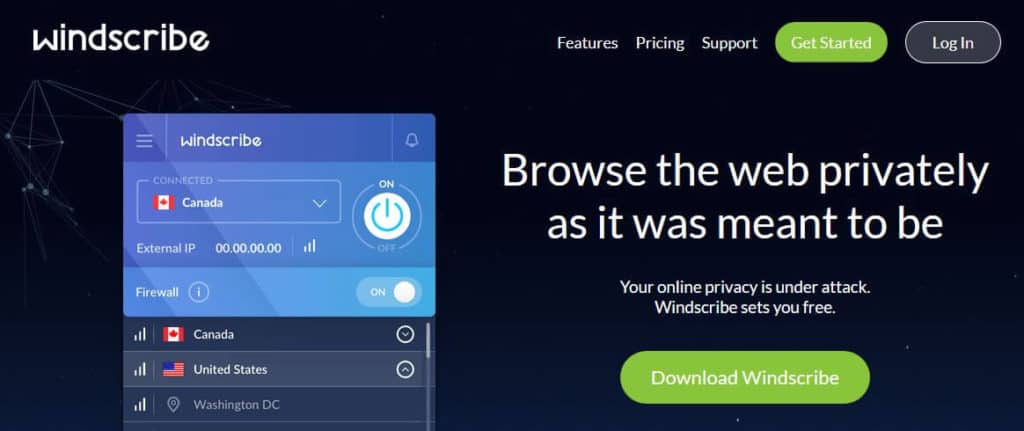 Windscribe homepage.