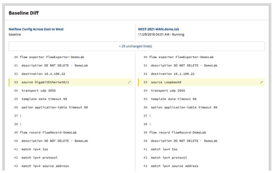 SolarWinds NCM - Baseline Diff view