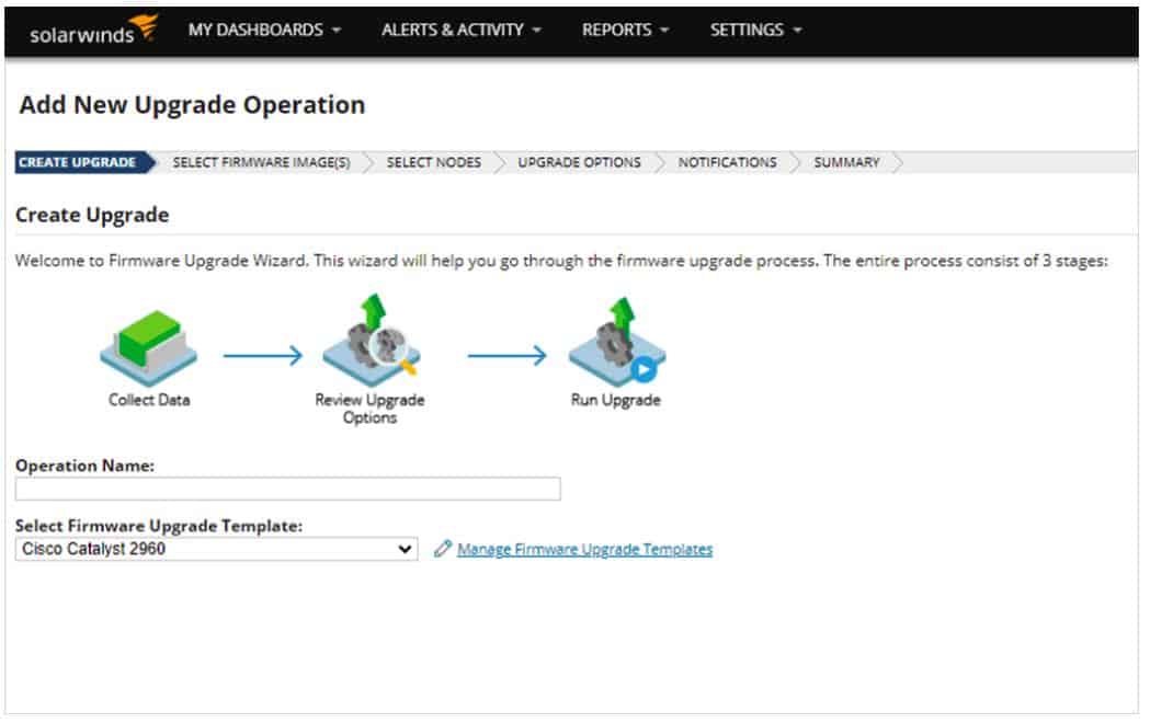 SolarWinds Network Configuration Manager - Add New Upgrade Operation view