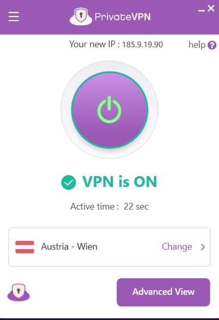 PrivateVPN's 'Simple view'.
