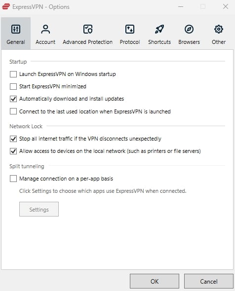 ExpressVPN options.