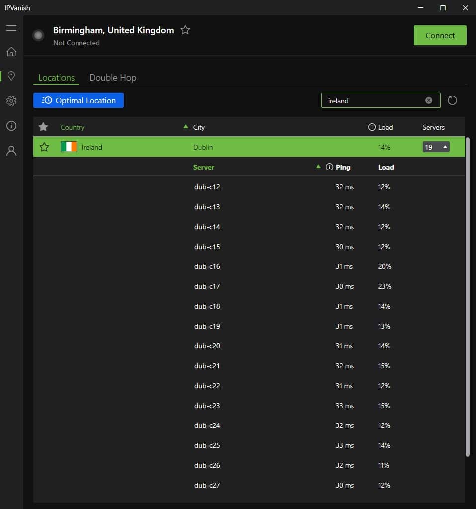 IPVanish Ireland servers.