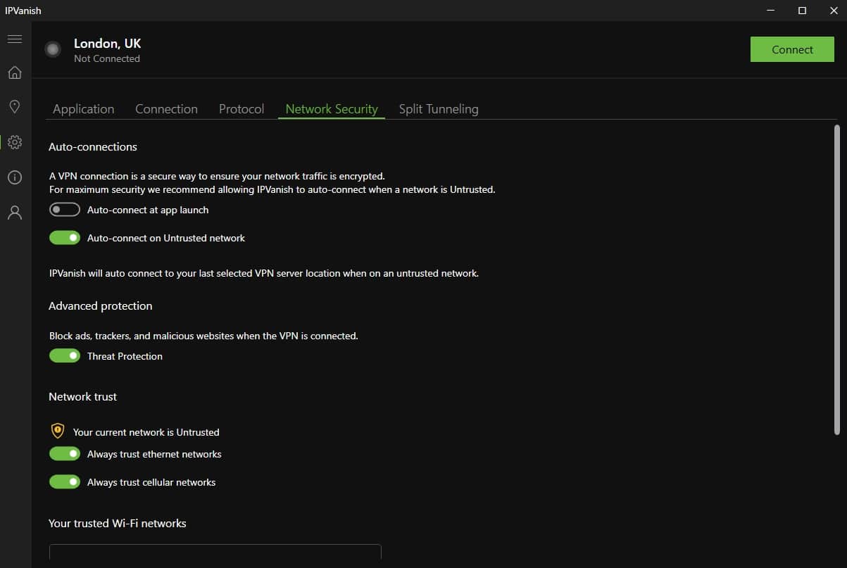 IPVanish's Network Security options.
