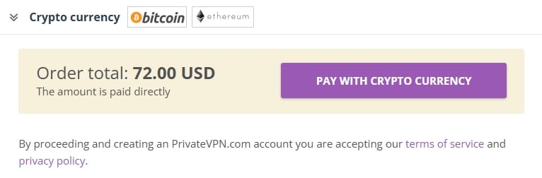 PrivateVPN allows direct payment in cryptocurrency.