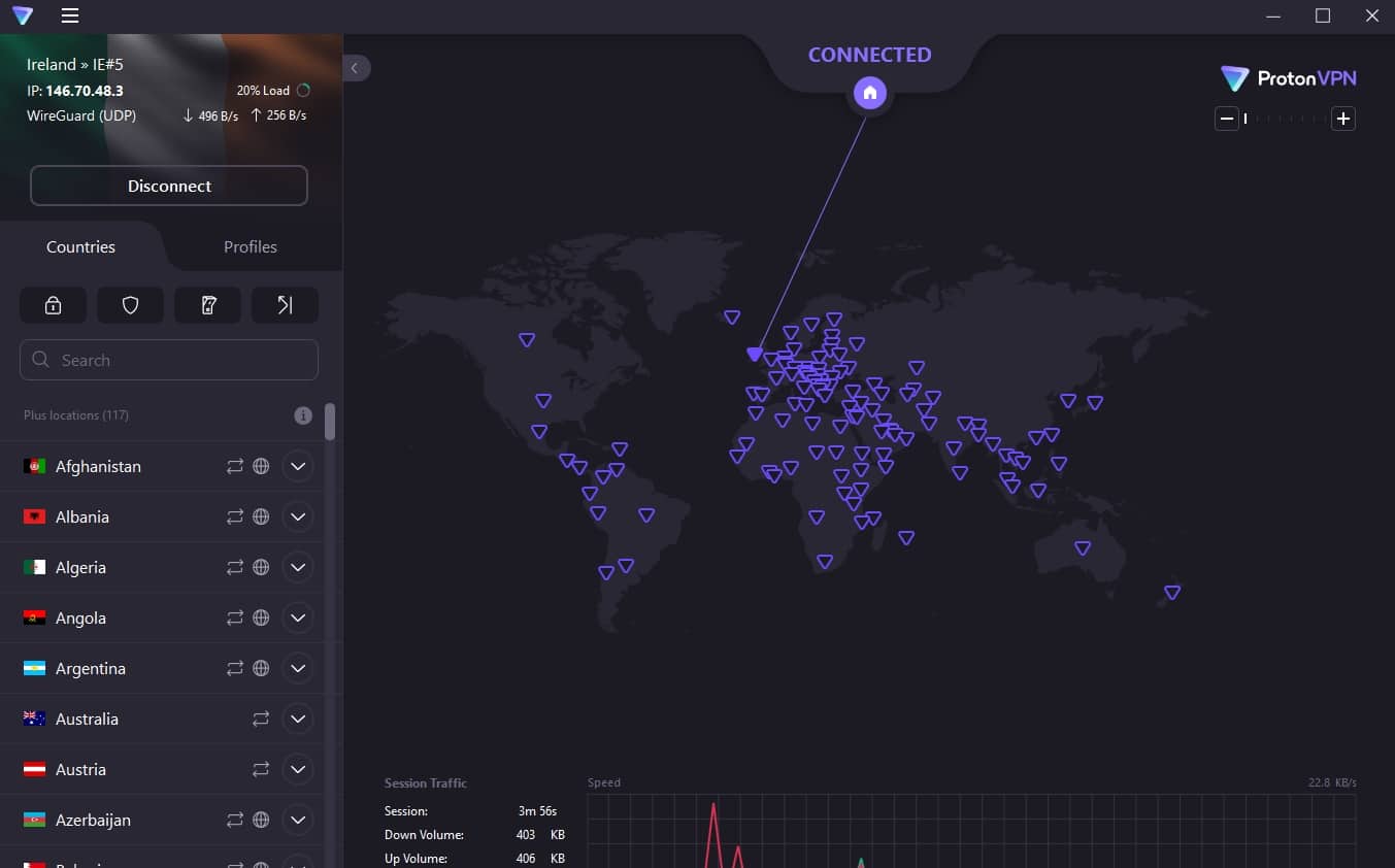 ProtonVPN server list.